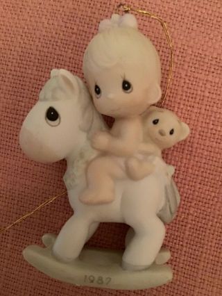 Vtg Precious Moments Enesco Ornament 1987 Girl Horse Teddy “baby First Christmas