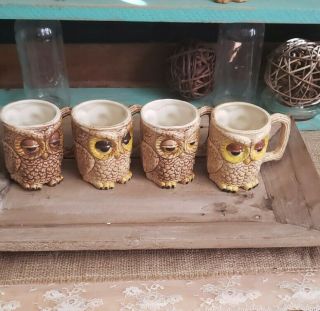 Mcm Vintage Set Of 4 Sleepy Owl Mugs Cups Rare Find