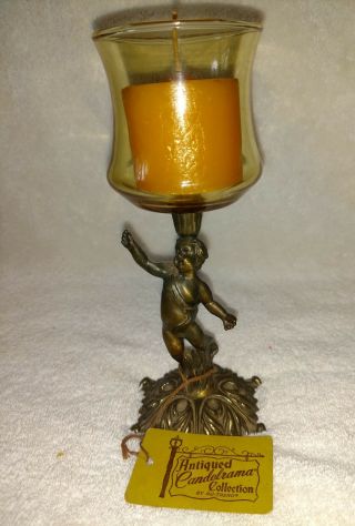 Antiqued European Cast Metal Candle Holder With Amber Glass - Tags Attached