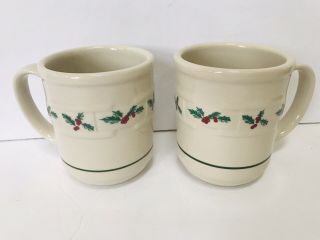 Longaberger Pottery Set Of 2 Holly Mugs Coffee Tea Cups Christmas Usa Euc