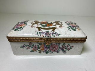 Antique Glaze Porcelain Made In France Trinket Box Jewelry Floral Design French