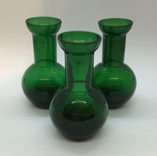 3 Emerald Forest Green Glass Bud Vases 4 " Tall Small Bulb Forcing Starter Euc