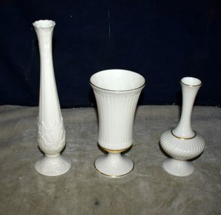 Set Of 3 Lenox Raised Relief Porcelain Vases W/gold Adornments