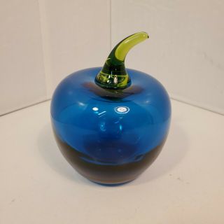 Blue Art Glass Apple Paperweight Green Stem Fruit Translucent Heavy