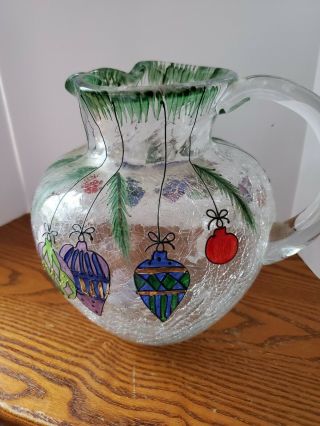 Christmas Crystal Pitcher Crackled Glass Hand - Painted Holiday Ornaments 64oz Euc