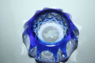 Vintage Blue Faceted Paperweight With Acid Etched Cameo On Bottom 2 7/8 X 1 1/2