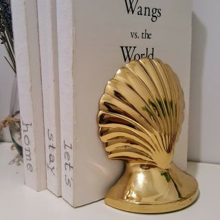 Vintage Heavy Solid Brass Scallop Shell Seashell Gold Book End Coastal Decor