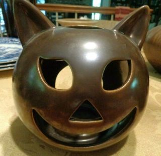 Vtg Brown Ceramic Pottery Cat Candle Holder Halloween Cut Out Eyes Mouth Nose