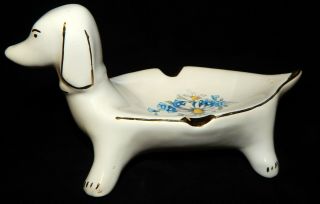 Vintage Mid - Century White Floral Gold Trim Dachshund Wiener Dog Ceramic Ashtray