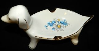 Vintage Mid - Century White Floral Gold Trim Dachshund Wiener Dog Ceramic Ashtray 2