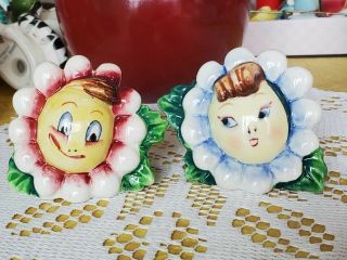 Vintage Anthropomorphic Flower Head Salt And Pepper Shakers - Japan