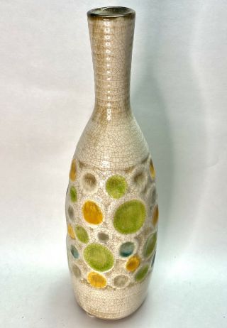 Vtg Ceramic Art Studio 11 " Tall Vase Green Yellow Dots Bitossi Style Mcm Modern