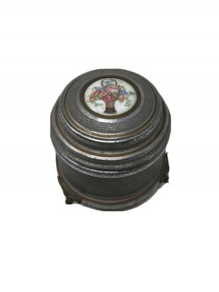 Antique Thorens Powder Jar Music Box With Design On Top And Ornate Feet