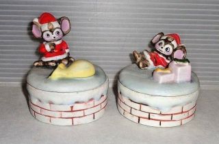 Vintage Homco Christmas 8901 Porcelain Santa Mouse Jewelry Trinket Box Of Set 2