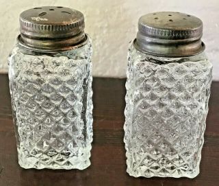 Vtg English Hobnail Square Salt & Pepper Shakers Diamond Cut Clear Glass 2 1/4 "