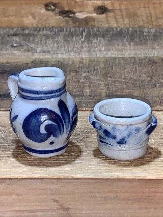 Pair Vintage Miniature Salt Glazed Pottery Stoneware 1 " Crock & 1 3/4 " Pitcher