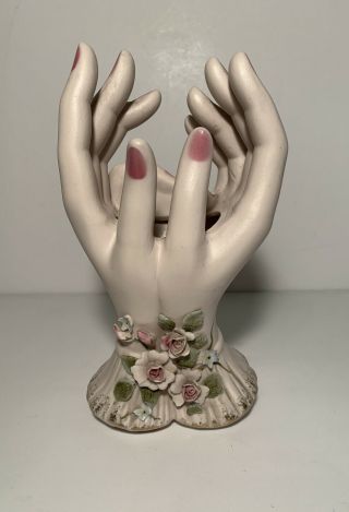 Vintage Lefton Two Hands Vase With Flowers And Pink Nails Gold Trim -