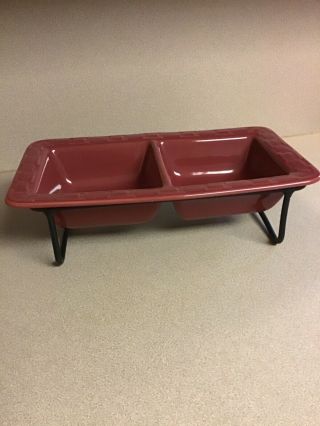 Longaberger Pottery Divided Serving Dish In Paprika & Wrought Iron Stand