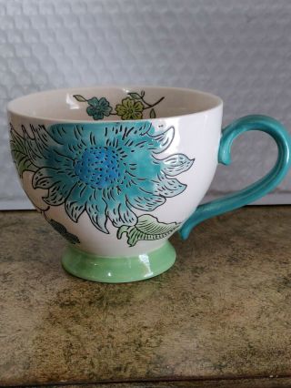 Dutch Wax Footed Pedestal Coffee Cup Mug Tea Hand Painted Floral Blue Green Teal