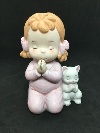 Adorable George Good Pink Little Girl & Her Cat Praying Figurine 6 1/2” Tall