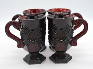 Set Of 4 Vintage Avon Ruby Red Glass Cape Cod Pattern Pedestal Mugs