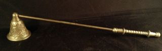 Vintage Tiltable Brass Candle Snuffer With Floral Embossing On Snuffer Bell