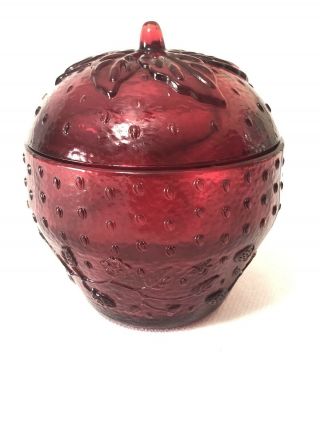 Longaberger 2005 Collectors Club Red Glass Strawberry Jam Jar W/lid Candy