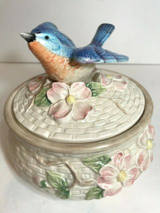 Vtg Fitz & Floyd Ceramic Blue Bird Trinket Bowl Lid Basket Weave Pink Flowers