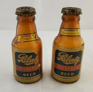 Vintage Glass / Metal " Blatz Pilsener Beer Bottles " Salt And Pepper Shakers