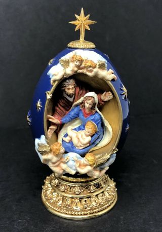 House Of Faberge The Nativity Blue Egg W/ Jesus Mary Joseph Franklin