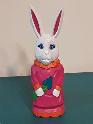 Carved Wood Rabbit / Bunny Hand Painted White W Pink Dress & Flowers Folk Art