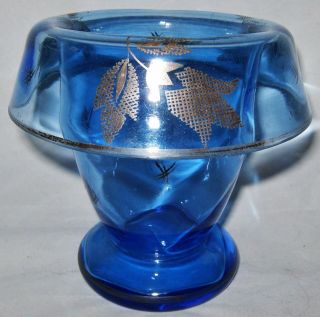 Vintage Cobalt Blue Art Glass Pedestal Vase Rimmed W/ Gold Leaf Leaves