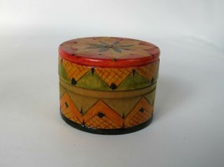 Pretty Vintage Hand Painted Wood Round Trinket Box Carved Geometric Design Lomax