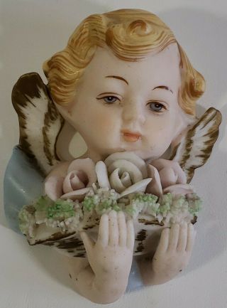 Vintage Tilso Japan Porcelain Bisque Angel Wall Plaque Cherub 3.  5 " X 4 "