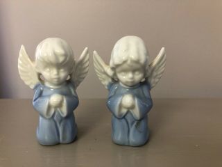 Vintage Lefton Boy & Girl Blue And White Praying Angel Porcelain Figurines