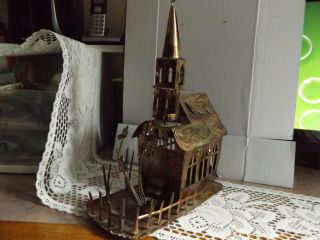 Copper Wind Up Church Music Box Tin Metal Cross Steeple Fence Flowers