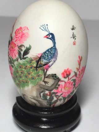 Vtg Chinese Hand Painted Signed Egg Peacock Bird Flowers Republic Of China