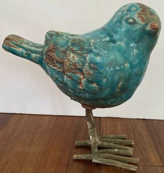 Pottery Barn Crackled Ceramic Blue Bird On Metal Feet Heavy Sculpture 8.  5 " Tall