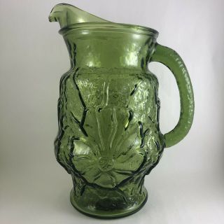 Mid Century Avocado Green Glass Pitcher Floral Pattern Design 1/2 Gallon