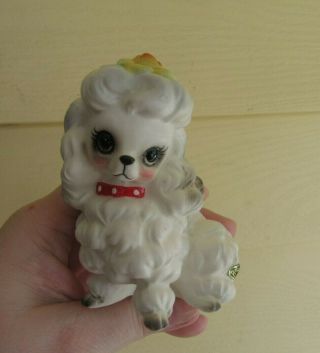 Vintage Josef Originals Japan White Poodle Dog Figurine Flower & Labels 3.  5 "
