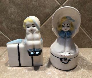 Vintage Collectable Salt And Pepper Shakers Boy And Girl In Hat On Luggage Rare