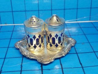 Vintage Cobalt Blue Glass Silver Plated Overlay Salt & Pepper Shakers & Tray