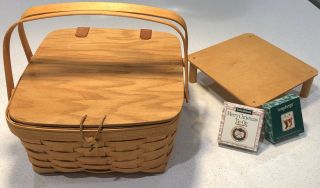 Longaberger 1997 Small Square Picnic Basket With Wood - Pie Riser,  And 2 Ties