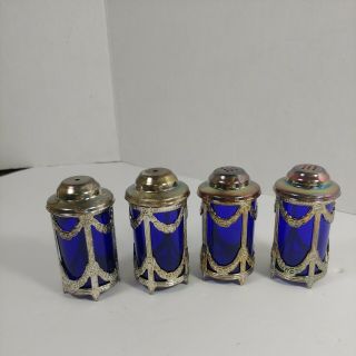 Vintage International Silver,  Cobalt Blue Salt And Pepper Shakers Set Of 4
