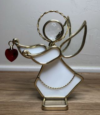 Vintage Stained Glass Standing Angel 4.  25 X 5 With Dangling Red Heart