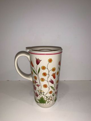 Longaberger Pottery Floral Tall Coffee Mug With Lid 16 Oz.  - Euc