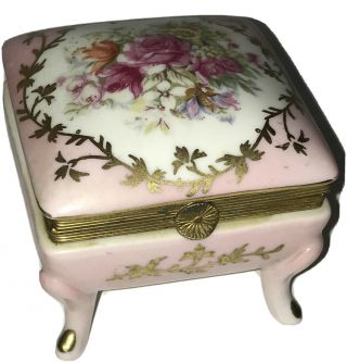 Vintage Norleans Japan Dresden Style Floral Pink Trinket Jewelry Box,  Footed.