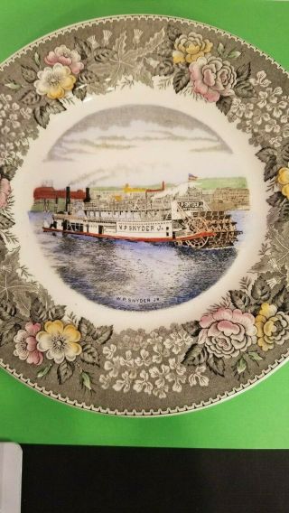 Vtg Old English Staffordshire Ware Souvenir Plate Ohio Paddleboat W.  P.  Snyder