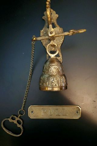 Vintage Ornate Brass Hanging Pull Chain Dinner/door Bell With Pull Plaque