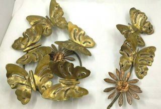 Vintage Brass Copper Wall Hanging Metal Butterflies Sunflower Art Sculpture 2pc